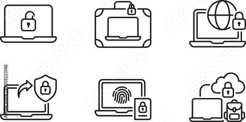 Laptops with Various Security Icons Representing Digital Protection and Cybersecurity Measures