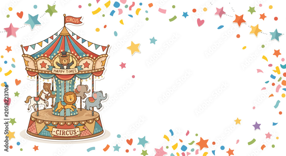 Obraz premium This vector shows a whimsical circus carousel with animals like a lion and elephant, framed by festive confetti and colorful stars.