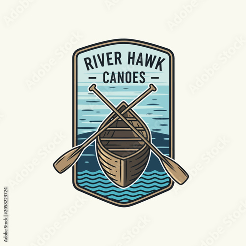 фотографія Traditional shield-shaped emblem featuring a brown canoe and crossed oars over blue water ripples, celebrating wilderness adventure