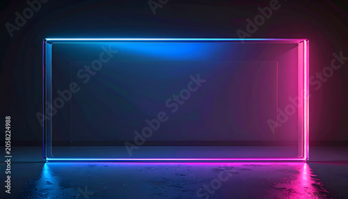 Neon glowing rectangle glass frame with blue and pink light on dark background