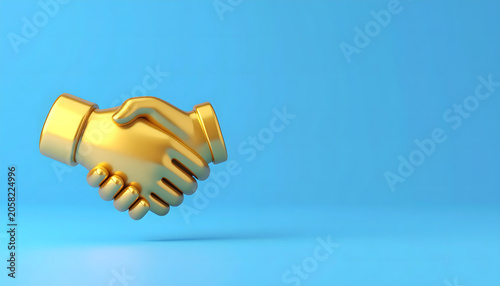 3D golden handshake icon on solid corporate blue background business partnership concept