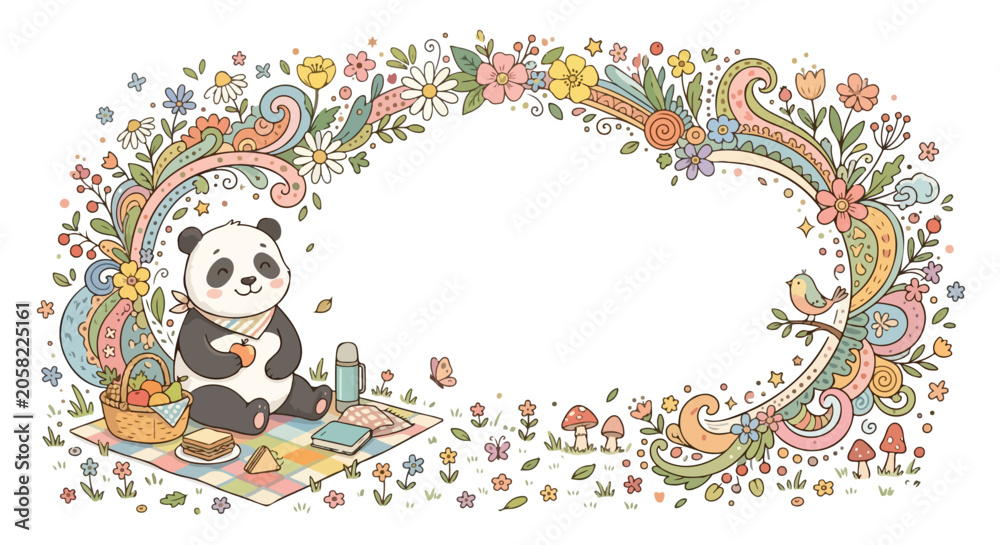 Fototapeta premium A whimsical illustration of a smiling panda enjoying a picnic under a colorful floral arch filled with intricate doodles and nature elements.