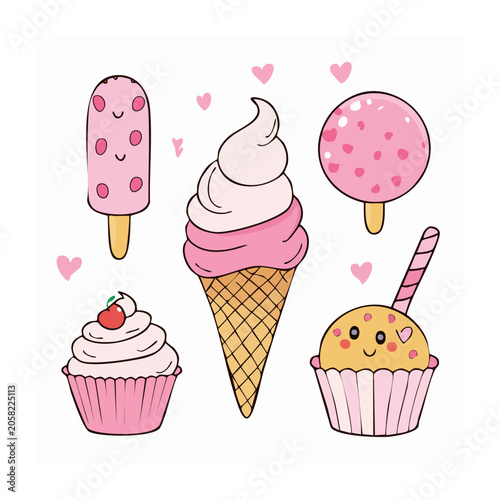 Cartoon Desserts Illustration with Ice Cream and Cupcakes