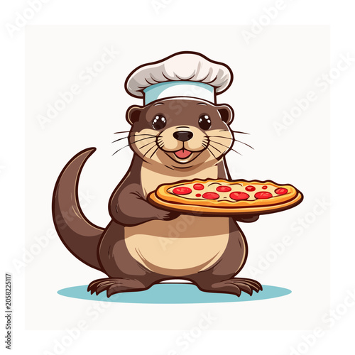 Cartoon otter chef holding a pizza