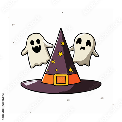 Cartoon Witch Hat with Two Ghosts and Stars