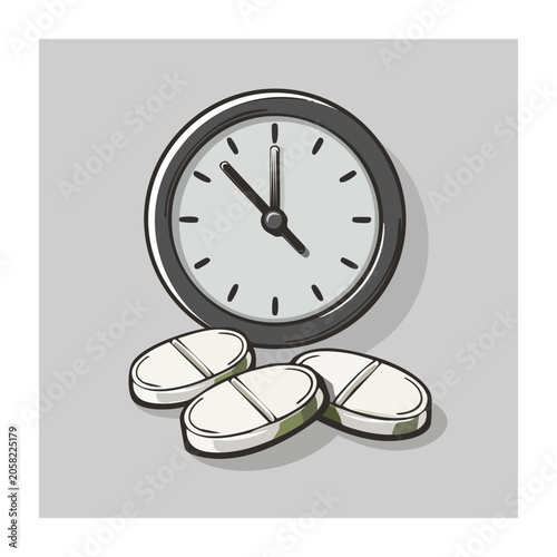 Clock and Pills Flat Design Illustration