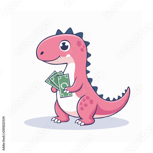Cute pink dinosaur holding money