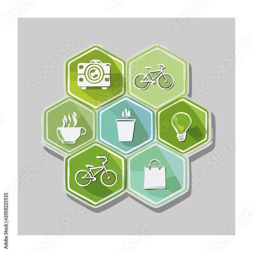 Green hexagonal icons set with eco and lifestyle symbols