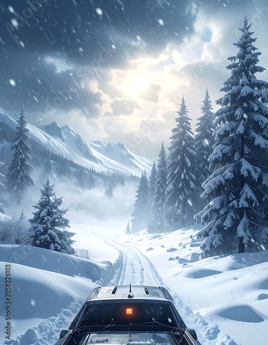 A snowy mountain road with a vehicle driving away