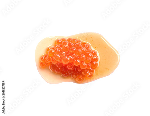 Watercolor illustration of glossy orange salmon roe caviar eggs on creamy sauce with fresh seafood gourmet texture on isolated background