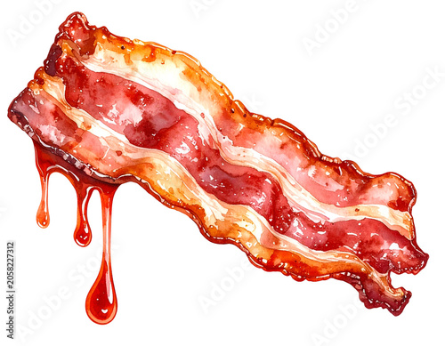 Watercolor illustration of crispy glazed bacon strip with dripping syrup grease shiny pork meat breakfast texture on isolated background