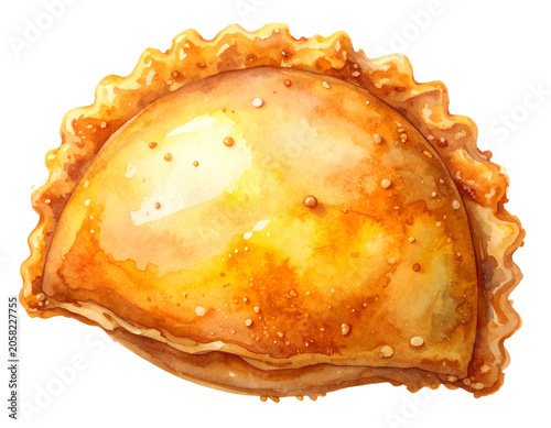 Watercolor illustration of golden empanada pastry with crimped crispy edge stuffed savory turnover and baked snack texture on isolated background