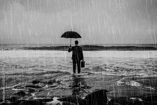 Foto Lone man with umbrella standing in stormy rainy seascape