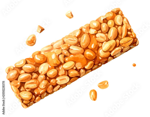 Watercolor illustration of peanut caramel nut bar with loose roasted nuts glossy golden brittle snack and crunchy dessert texture on isolated background