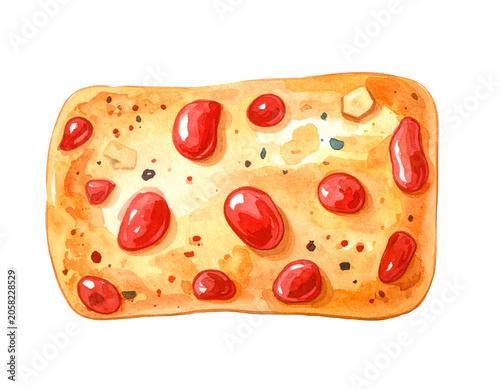 Watercolor illustration of rectangular tomato flatbread cracker with glossy red toppings golden baked crust and savory snack detail on isolated background