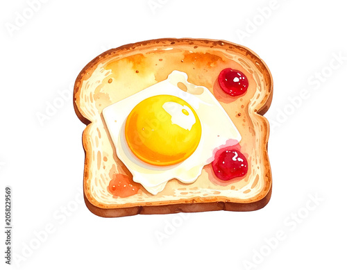 Watercolor illustration of breakfast toast slice with fried egg glossy yellow yolk tomato jam and crispy bread detail on isolated background