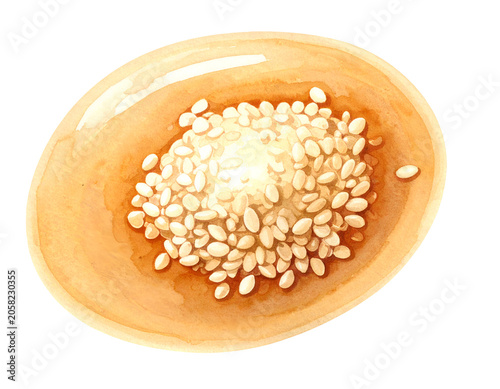 Watercolor illustration of white sesame seeds in wooden spoon bowl with natural healthy grain ingredient detail on isolated background