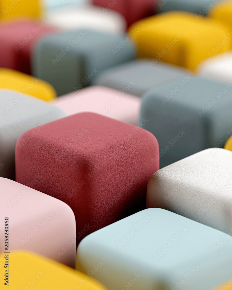 Fototapeta premium Soft cubes in pastel tones surround one bold red cube. Texture contrasts highlight individuality against uniformity. Color choices evoke calm, creativity, and subtle confidence