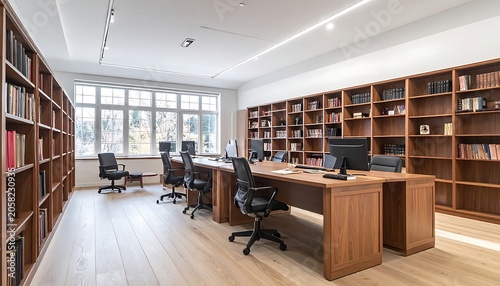A spacious office with wooden desks and bookshelves