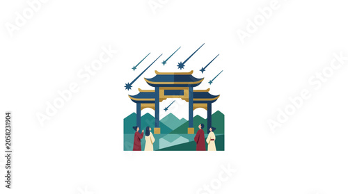 Traditional Asian Gate with People and Mountains under Meteor Shower