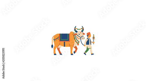 Traditional Indian Farmer Leading Decorated Bull with Garland and Cloth