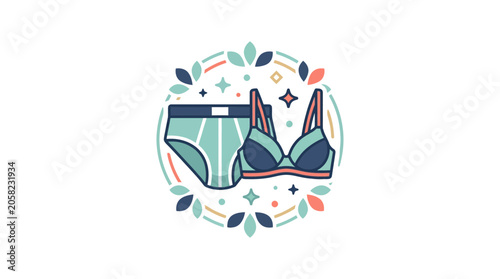 Vector Illustration of Women’s Underwear Bra and Panties with Decorative Leaves