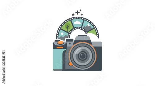 Vintage Camera with Scenic Landscape Film Strip Illustration