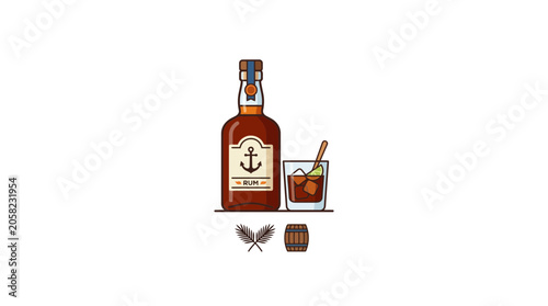 Vintage Rum Bottle with Glass and Barrel Illustration