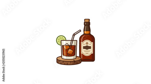 Whiskey Cocktail with Lime Slice and Bottle on Wooden Coaster
