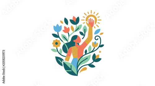 Woman reaching for sun surrounded by vibrant nature illustration
