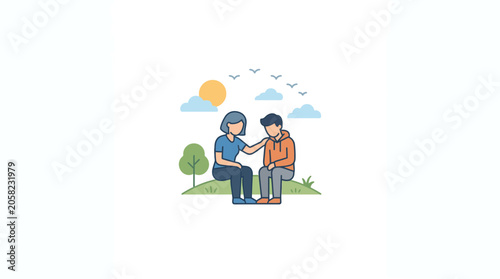 Woman Comforts Sad Young Man Outdoors, Empathy and Support Illustration