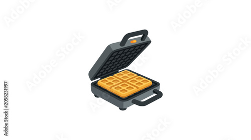 Compact electric waffle maker cooking golden waffles on white background