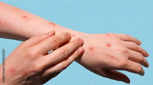 Close up of hands checking red rash on arm suffering from monkeypox, mpox, chickenpox or allergic reaction, medical dermatology concept for public health education, disease and infection.