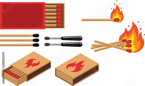Foto Safety matches vector icon set featuring red matchbox flat and isometric views b
