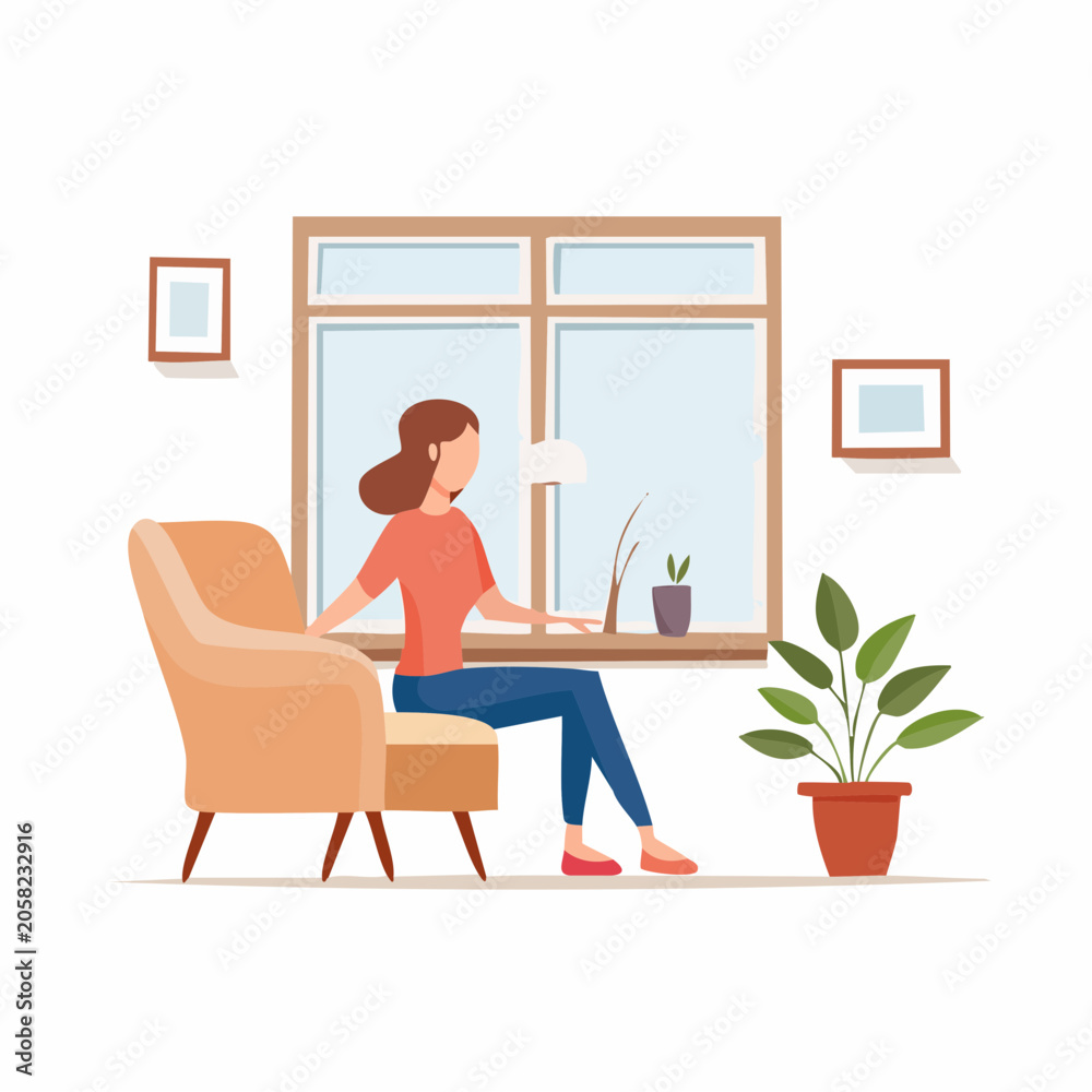 Fototapeta premium Woman relaxing in a chair by the window with a plant in a living room