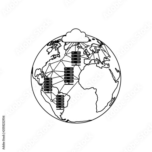 Global cloud computing network with server racks and connected data infrastructure on world map connection infrastructure internet computing technology communication