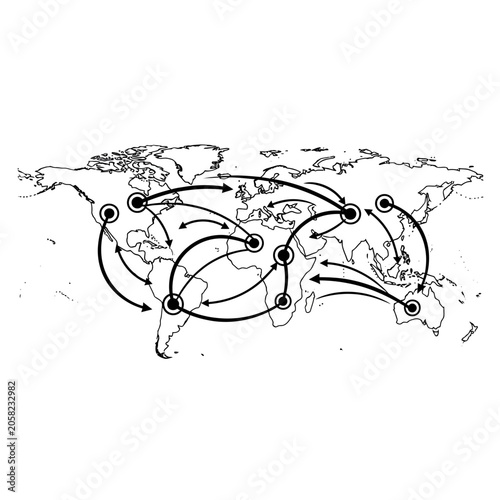 Abstract global logistics and shipping network map with directional flow arrows connecting continents logistics shipping transport business commerce international