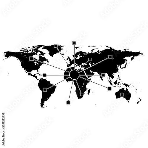 Black silhouette map of the world with central communication hub and radial connection lines communication technology connection internet business international transfer