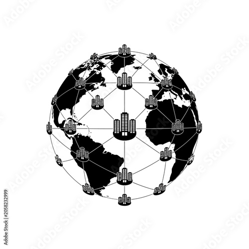 Global business communication network with corporate building icons connected on a globe business corporate buildings communication international connections infrastructu