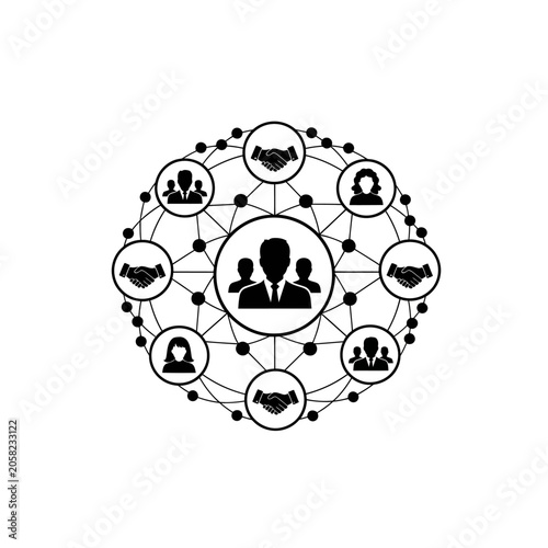 Corporate networking and business team collaboration concept with people icons and handshake symbols networking business collaboration handshake communication management
