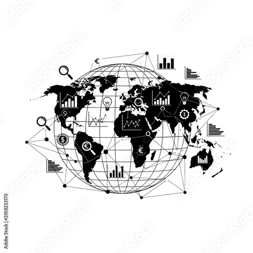 Global financial business analytics and marketing data research report on world globe map with business analytics marketing research statistics currency investment