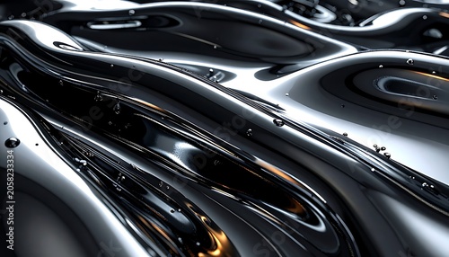 A dark, metallic surface with shiny, wavy patterns