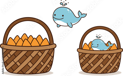 Obraz na plátně Cute kawaii whale character and fruit baskets vector set featuring blue whale ca