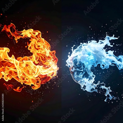 A split image of swirling fire and water