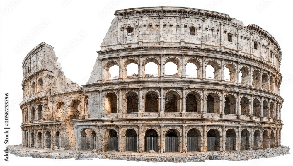 Fototapeta premium Ancient stone amphitheater with tiered arches, partly ruined, on a white background