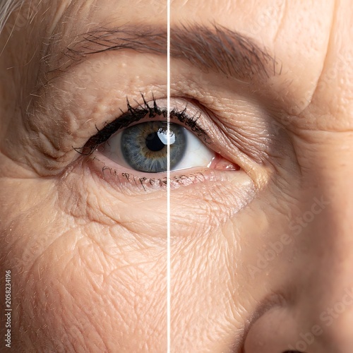 A split-screen close-up of a human eye showing signs of aging