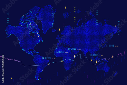 Blue digital world map with glowing data dots and analytics graph, abstract global network background for financial markets, big data visualization, business intelligence and technology dashboards.