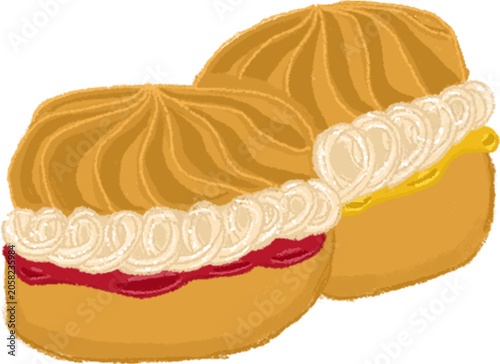 Bild auf Leinwand vector illustration of puff cake with filling and jam crayon hand drawn