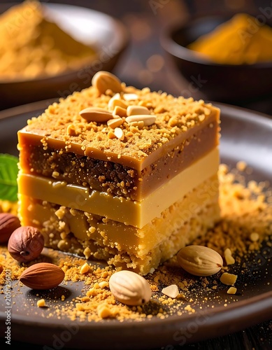 A square slice of layered dessert on a plate with nuts