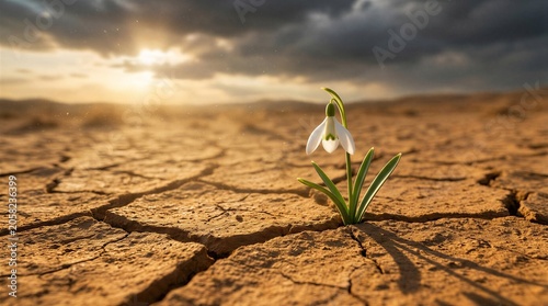 Plant sprouting from cracked dry desert ground at golden sunrise resilience illustration